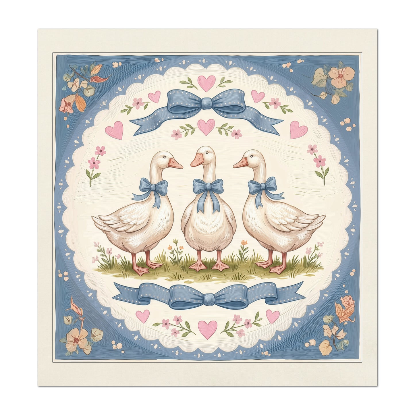 Blue Ribbon Goose - Fabric Panel, Bow, Vintage, 1980's, Duck, Bird, Sewing, Block Print, Cotton, Quilt, Quilting