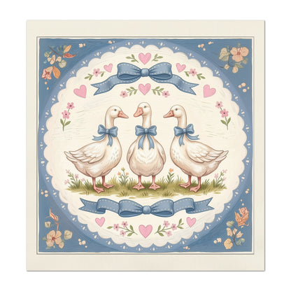 Blue Ribbon Goose - Fabric Panel, Bow, Vintage, 1980's, Duck, Bird, Sewing, Block Print, Cotton, Quilt, Quilting
