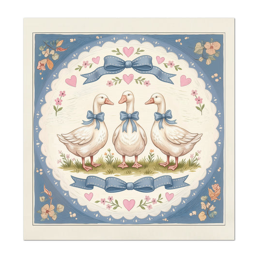 Blue Ribbon Goose - Fabric Panel, Bow, Vintage, 1980's, Duck, Bird, Sewing, Block Print, Cotton, Quilt, Quilting