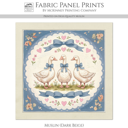 Blue Ribbon Goose - Fabric Panel, Bow, Vintage, 1980's, Duck, Bird, Sewing, Block Print, Cotton, Quilt, Quilting