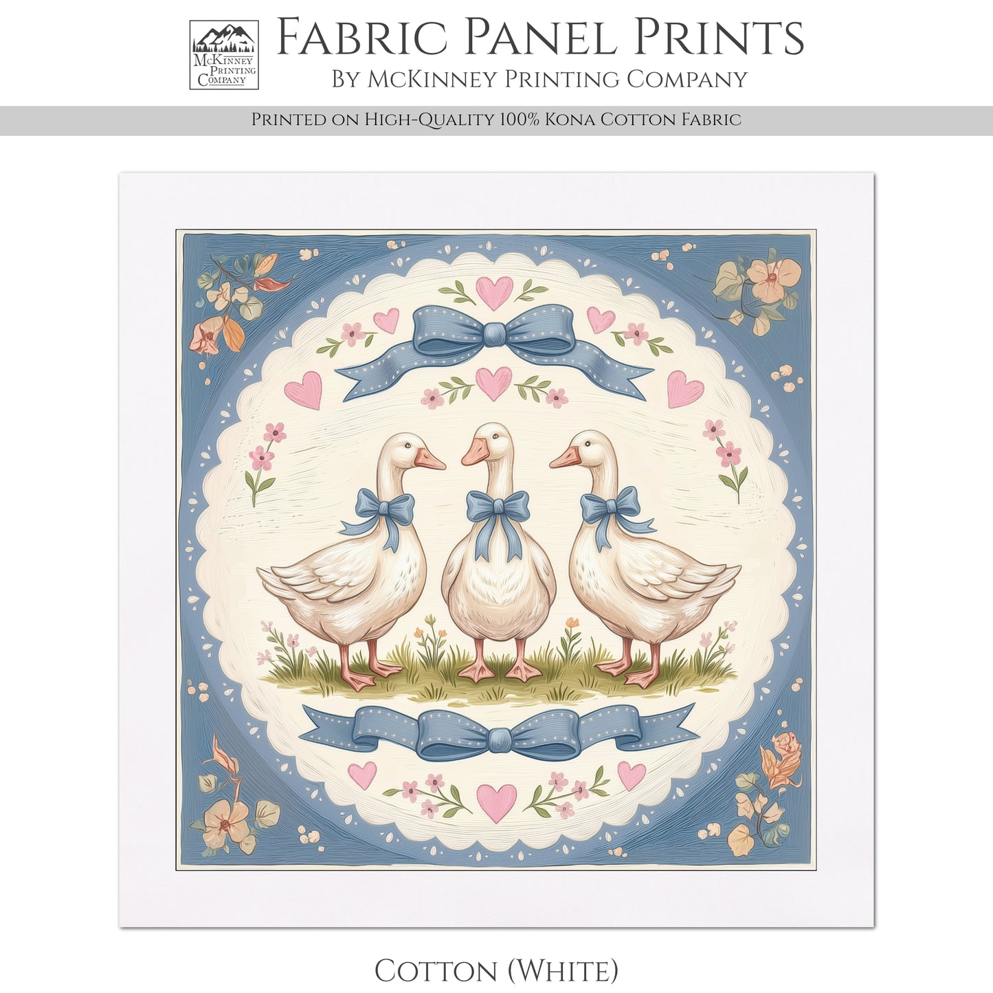 Blue Ribbon Goose - Fabric Panel, Bow, Vintage, 1980's, Duck, Bird, Sewing, Block Print, Cotton, Quilt, Quilting