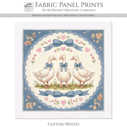 Blue Ribbon Goose - Fabric Panel, Bow, Vintage, 1980's, Duck, Bird, Sewing, Block Print, Cotton, Quilt, Quilting