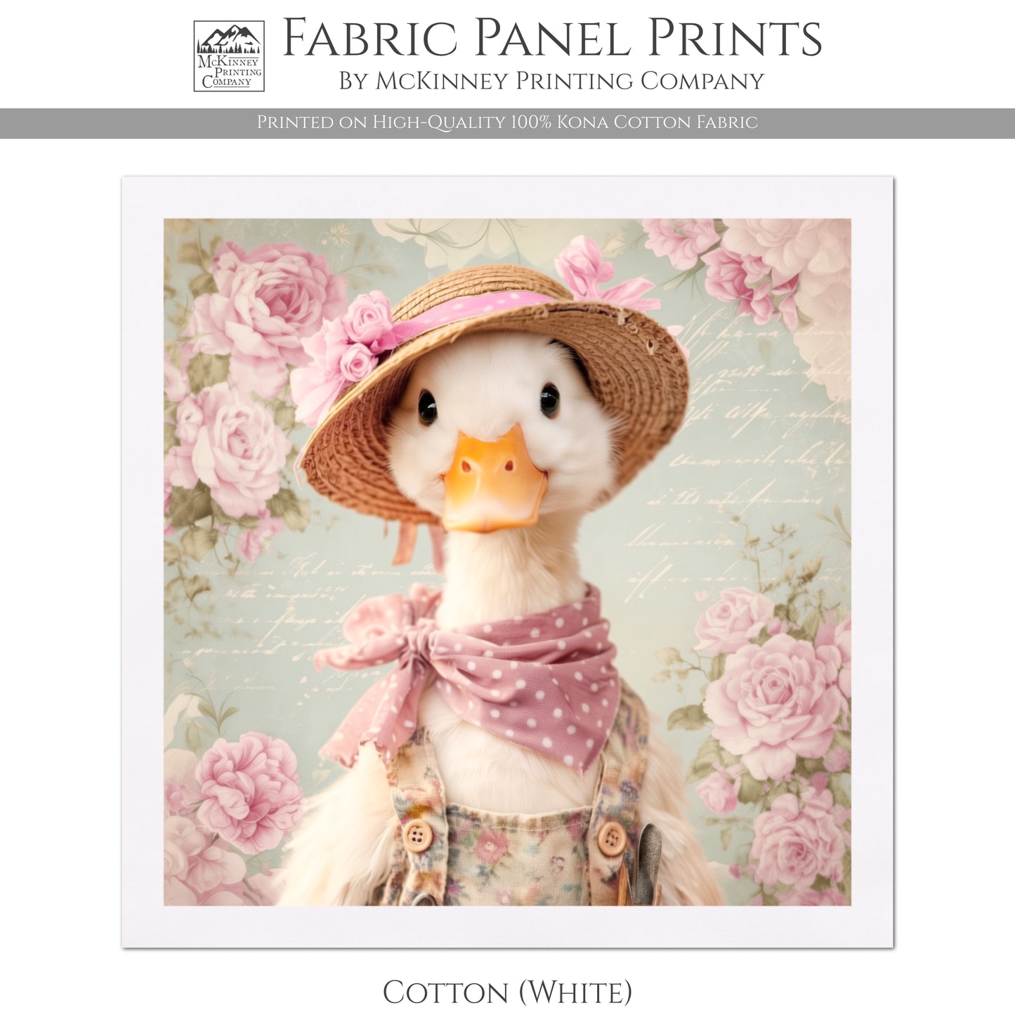 Duck Fabric - Bird Fabric Panel, Farm, Woodland Animal, Floral, Rose, French Country, Quilt Block, Cotton, Quilting