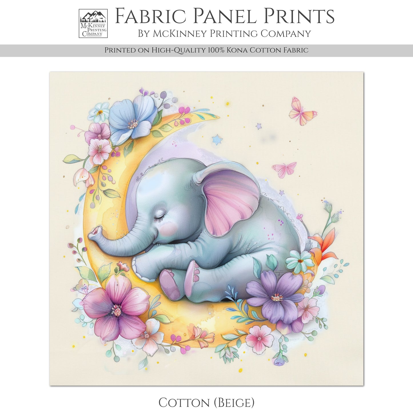 Elephant Fabric - Baby Fabric Panels, Moon, Floral, Canvas, Shower Gift, Nursery Décor, Quilt Block, Cotton, Quilting