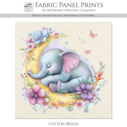 Elephant Fabric - Baby Fabric Panels, Moon, Floral, Canvas, Shower Gift, Nursery Décor, Quilt Block, Cotton, Quilting
