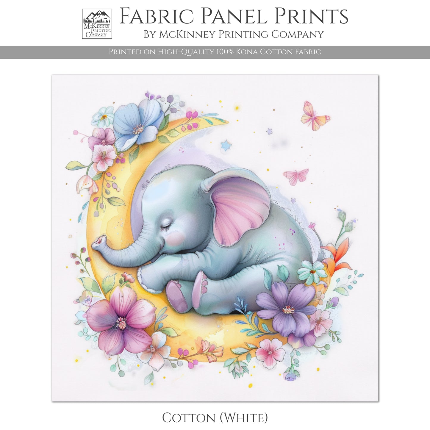 Elephant Fabric - Baby Fabric Panels, Moon, Floral, Canvas, Shower Gift, Nursery Décor, Quilt Block, Cotton, Quilting