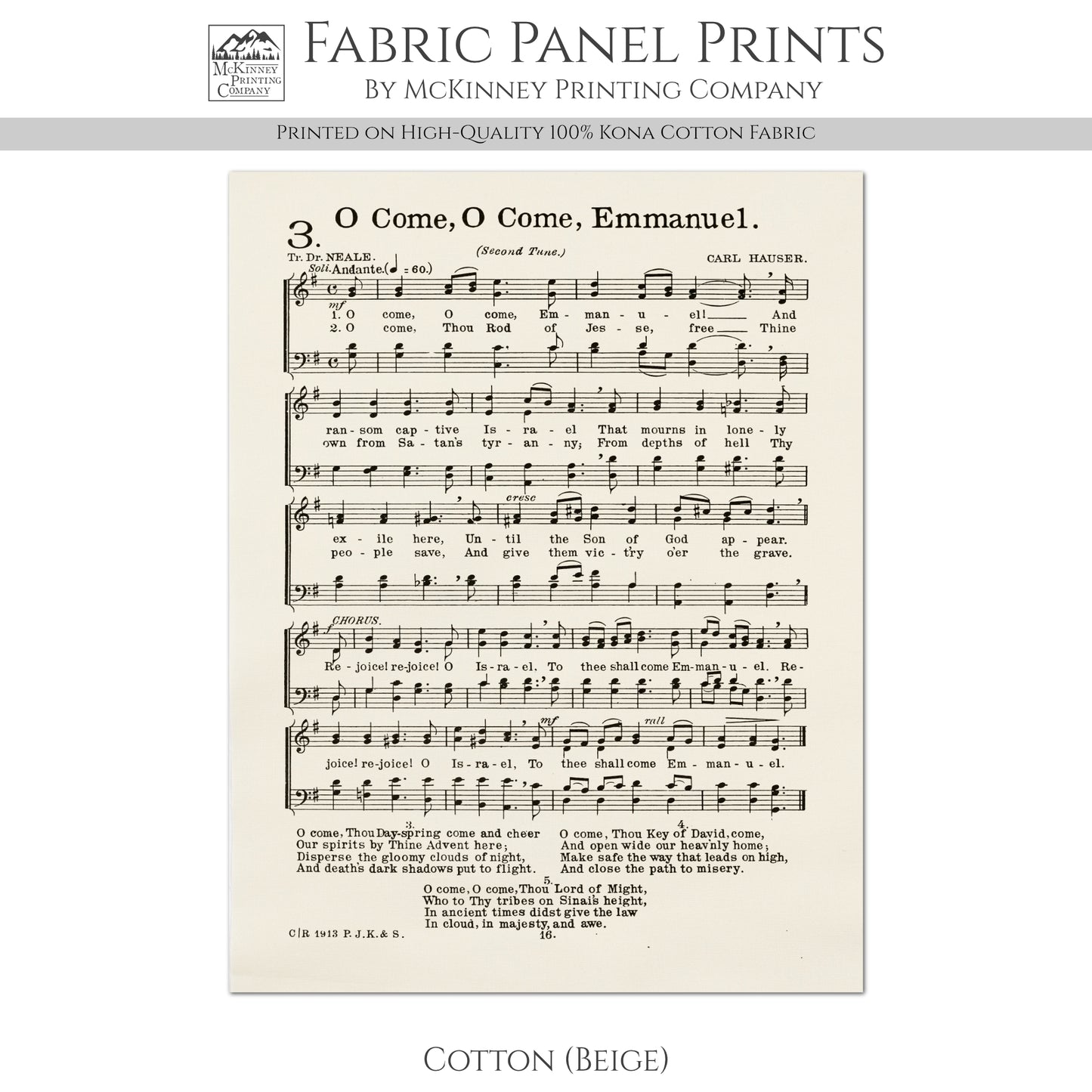 Emmanuel - Christian Fabric, Religious, Hymn Wall Art, Vintage Sheet Music, Choral, Piano, Quilting, Quilt, Cotton, Sewing, Cotton