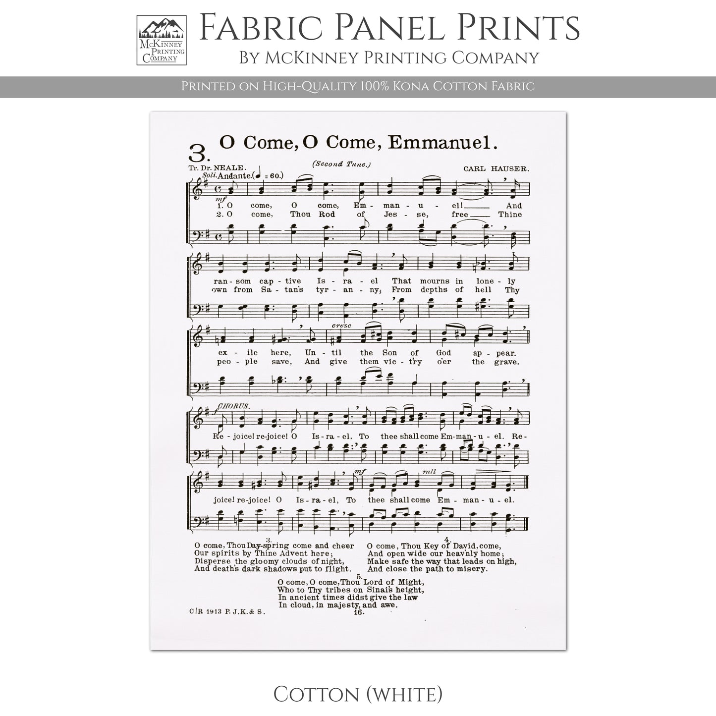 Emmanuel - Christian Fabric, Religious, Hymn Wall Art, Vintage Sheet Music, Choral, Piano, Quilting, Quilt, Cotton, Sewing, Cotton