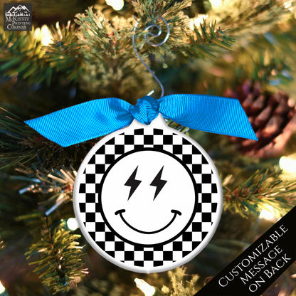 Emoji Christmas - Ornament, Smiley Face, Lightning, Black and White Check