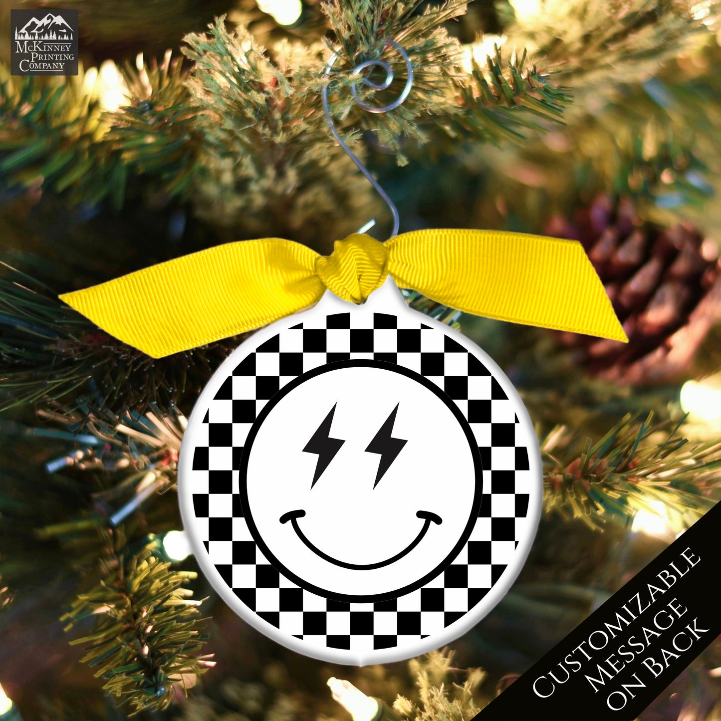 Emoji Christmas - Ornament, Smiley Face, Lightning, Black and White Check