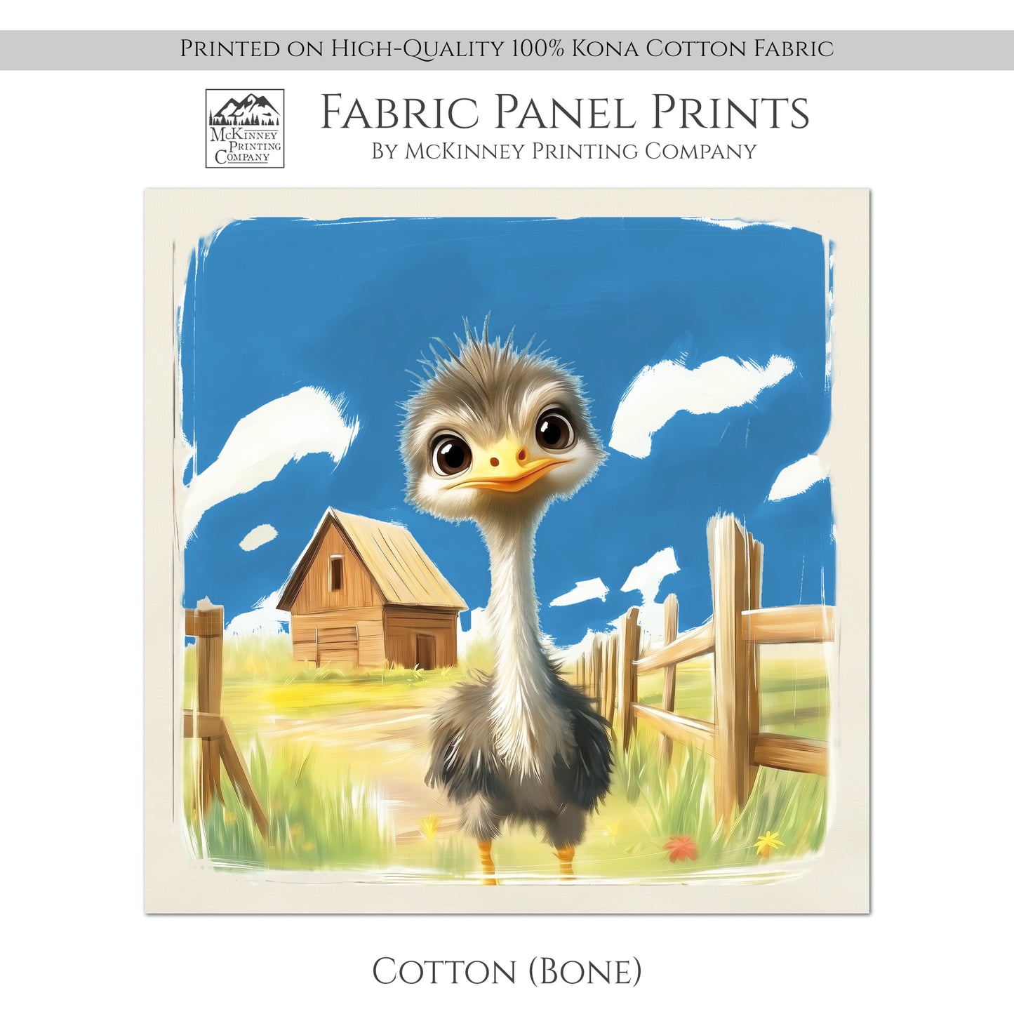 Farm Animal Fabric - Ostrich, Emu, Baby Fabric Panels, Cotton, Nursery Décor, Infant, Quilt Block, Wall Art, Quilting, Sewing