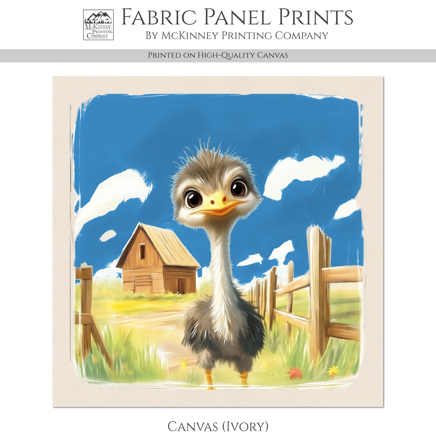 Farm Animal Fabric - Ostrich, Emu, Baby Fabric Panels, Cotton, Nursery Décor, Infant, Quilt Block, Wall Art, Quilting, Sewing
