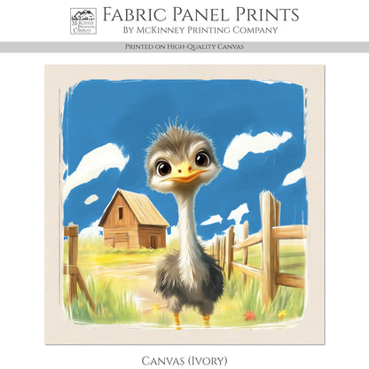 Farm Animal Fabric - Ostrich, Emu, Baby Fabric Panels, Cotton, Nursery Décor, Infant, Quilt Block, Wall Art, Quilting, Sewing