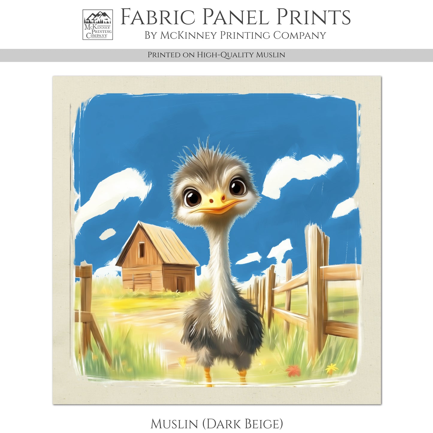 Farm Animal Fabric - Ostrich, Emu, Baby Fabric Panels, Cotton, Nursery Décor, Infant, Quilt Block, Wall Art, Quilting, Sewing