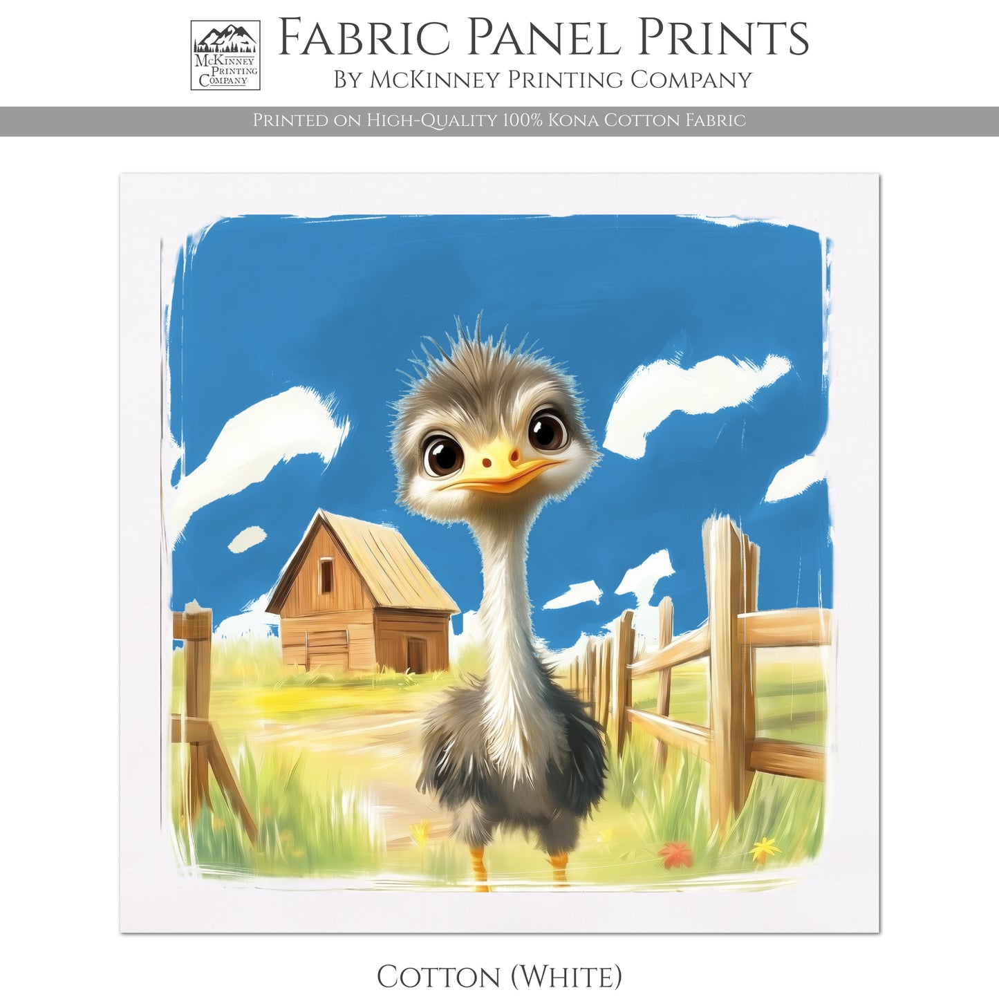 Farm Animal Fabric - Ostrich, Emu, Baby Fabric Panels, Cotton, Nursery Décor, Infant, Quilt Block, Wall Art, Quilting, Sewing