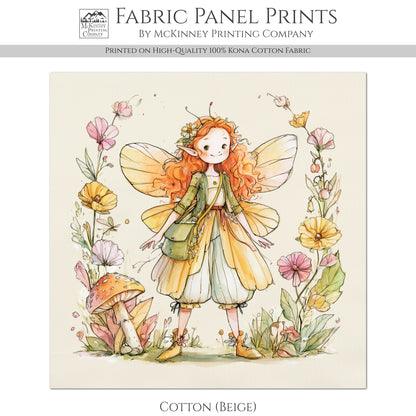 Fairy Fabric - Fantasy, Fairy Tale Painting, Mushroom, Cotton, Girl, Floral, Baby Fabric Panels, Nursery Décor, Quilt Block, Quilting