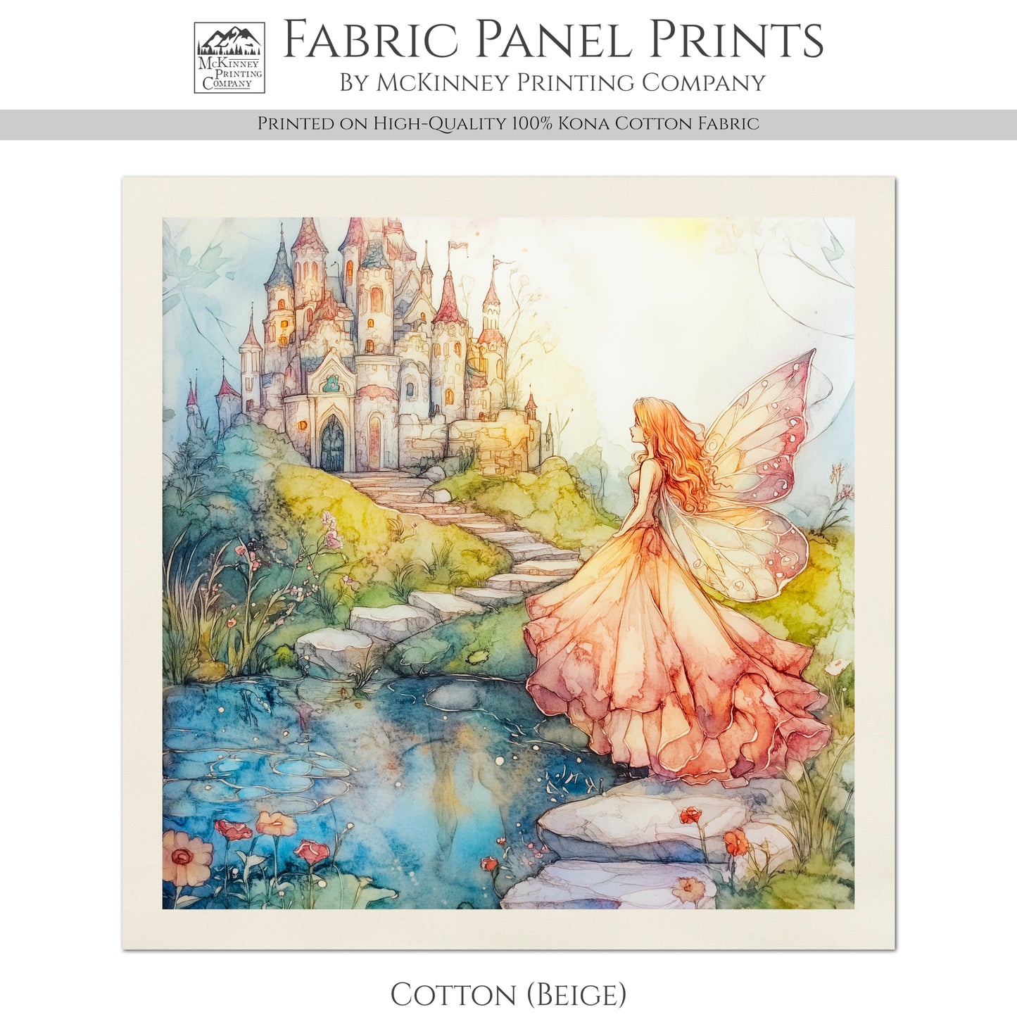 Fairy Tale Painting - Fairy Fabric, Fantasy, Mushroom, Cotton, Girl, Floral, Baby, Nursery Décor, Quilt Block, Quilting