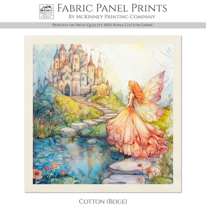 Fairy Tale Painting - Fairy Fabric, Fantasy, Mushroom, Cotton, Girl, Floral, Baby, Nursery Décor, Quilt Block, Quilting