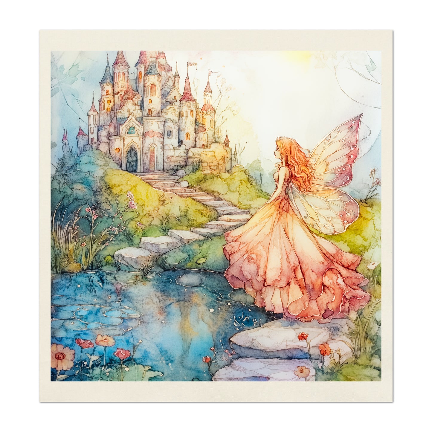 Fairy Tale Painting - Fairy Fabric, Fantasy, Mushroom, Cotton, Girl, Floral, Baby, Nursery Décor, Quilt Block, Quilting