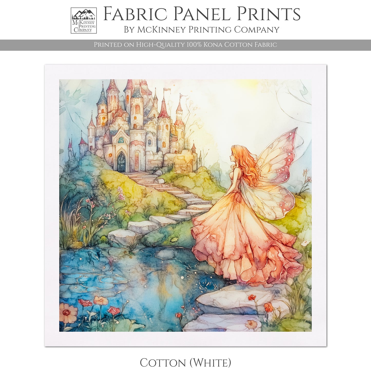 Fairy Tale Painting - Fairy Fabric, Fantasy, Mushroom, Cotton, Girl, Floral, Baby, Nursery Décor, Quilt Block, Quilting