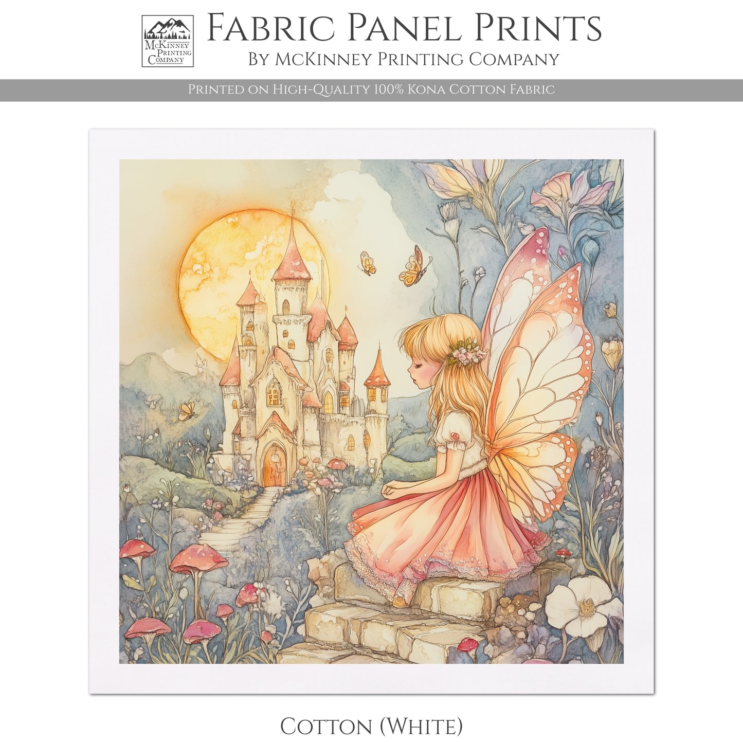 Fairytale Fabric - Fairy Tale Painting, Storybook, Fantasy, Mushroom, Cotton, Girl, Floral, Baby, Nursery Décor, Quilt Block, Quilting