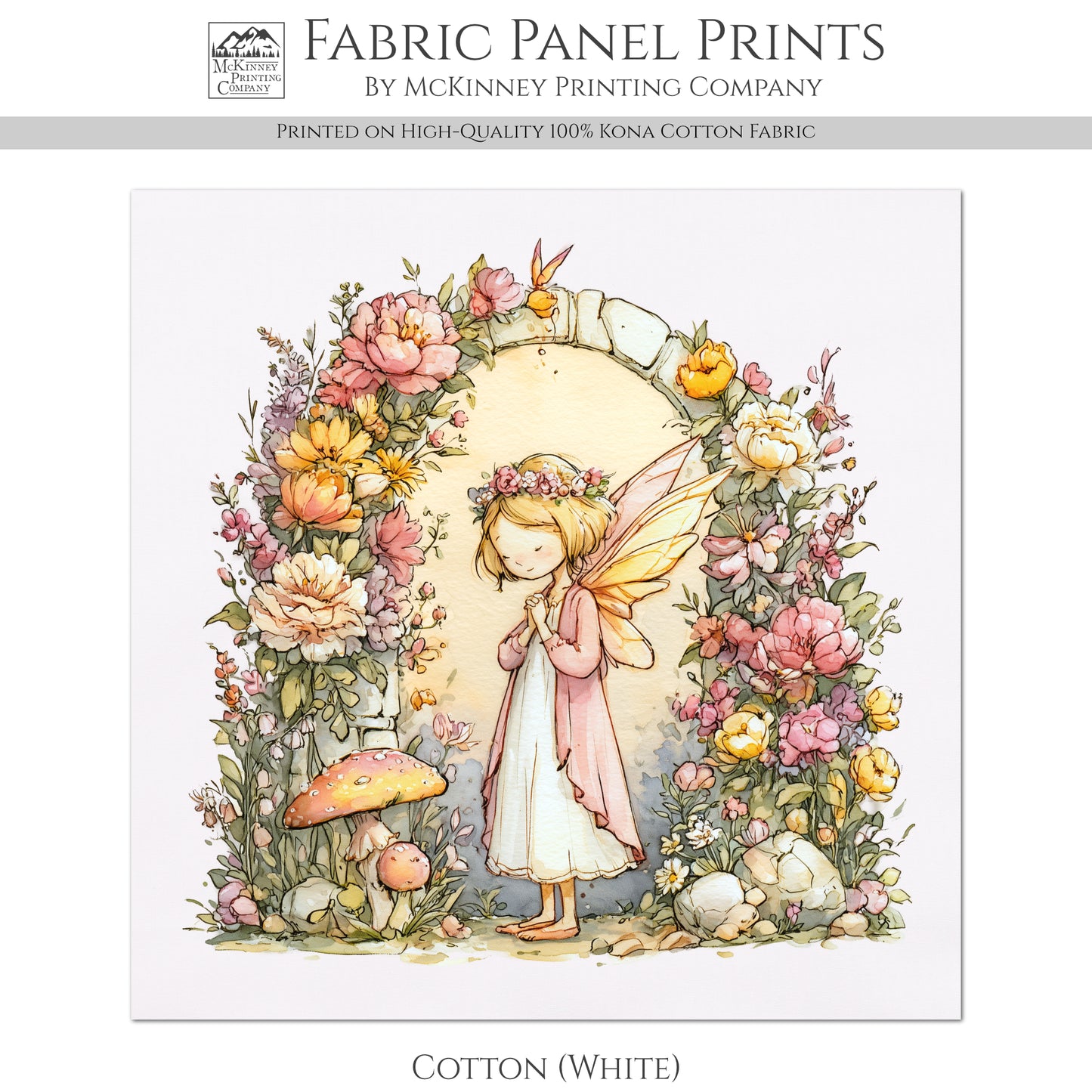 Fairy Fabric - Fantasy, Castle, Cotton, Girl, Floral, Baby Fabric Panels, Nursery Décor, Quilt Block, Quilting