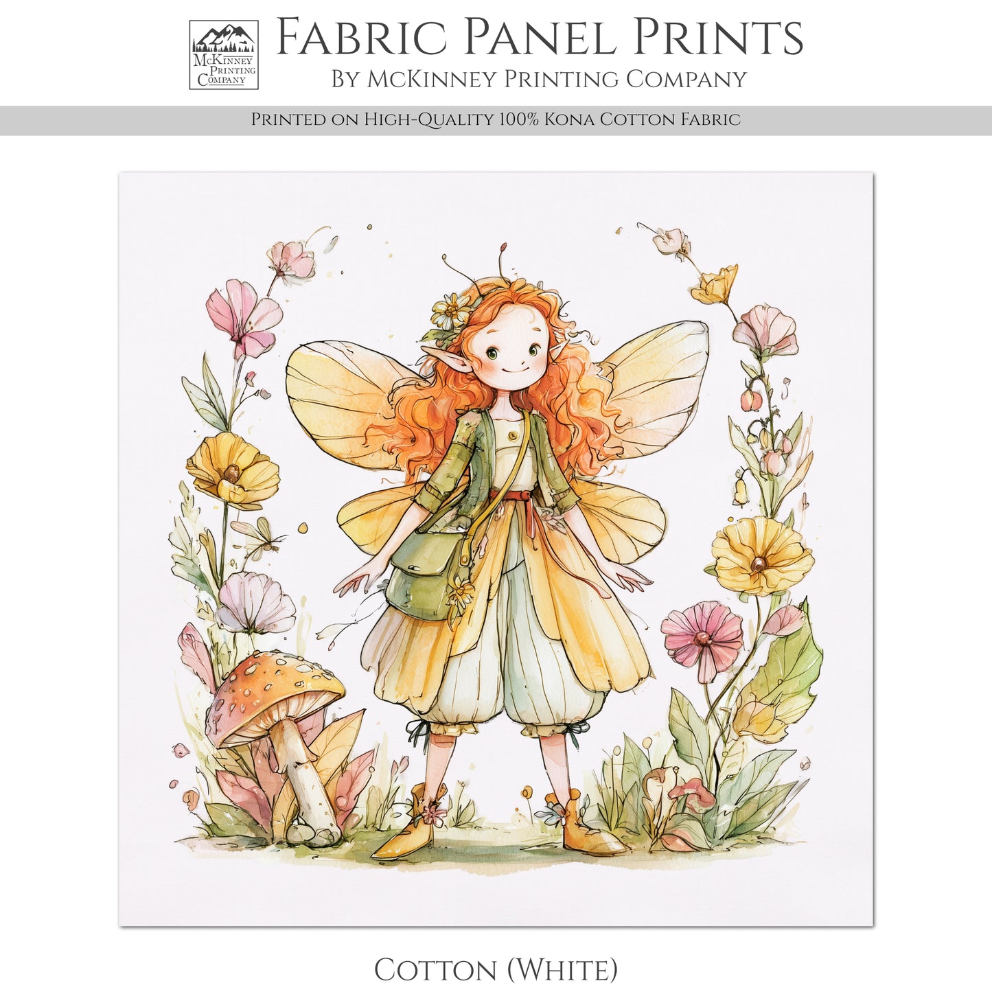 Fairy Fabric - Fantasy, Fairy Tale Painting, Mushroom, Cotton, Girl, Floral, Baby Fabric Panels, Nursery Décor, Quilt Block, Quilting