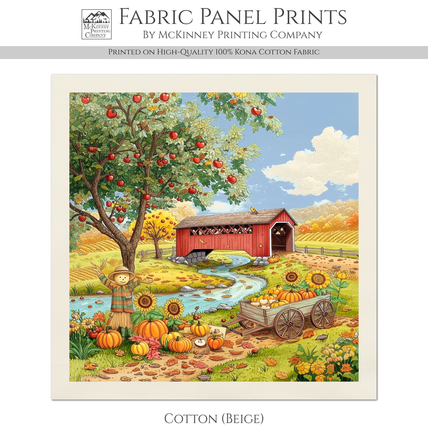 Fall Fabric Panel - Halloween, Autumn, Sewing, Sunflower, Scarecrow, Covered Bridge, Block Print, Cotton, Quilting, Quilt
