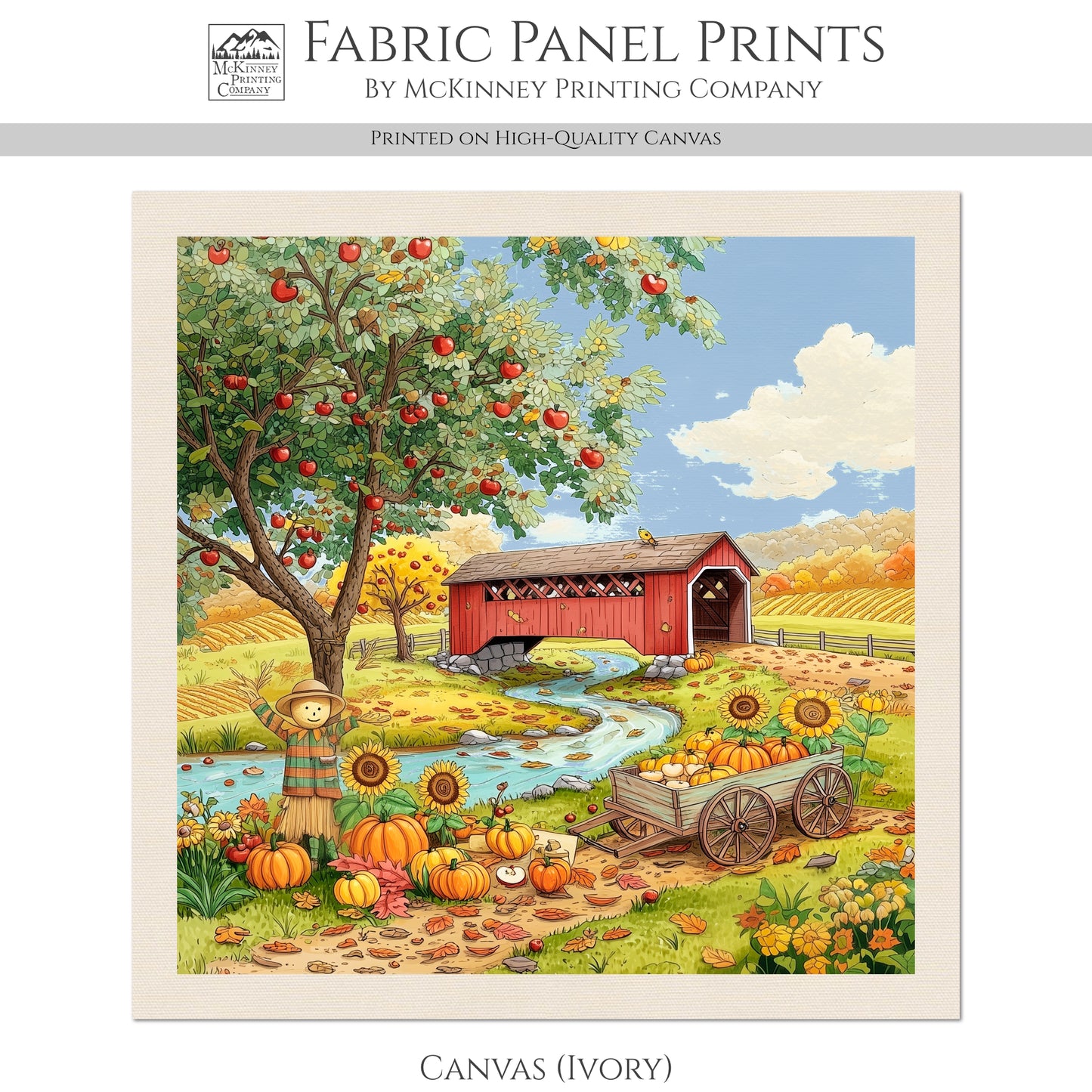 Fall Fabric Panel - Halloween, Autumn, Sewing, Sunflower, Scarecrow, Covered Bridge, Block Print, Cotton, Quilting, Quilt