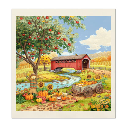 Fall Fabric Panel - Halloween, Autumn, Sewing, Sunflower, Scarecrow, Covered Bridge, Block Print, Cotton, Quilting, Quilt