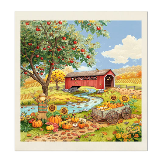 Fall Fabric Panel - Halloween, Autumn, Sewing, Sunflower, Scarecrow, Covered Bridge, Block Print, Cotton, Quilting, Quilt