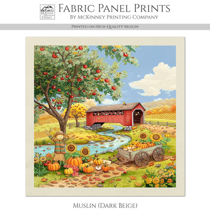 Fall Fabric Panel - Halloween, Autumn, Sewing, Sunflower, Scarecrow, Covered Bridge, Block Print, Cotton, Quilting, Quilt