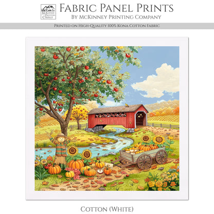 Fall Fabric Panel - Halloween, Autumn, Sewing, Sunflower, Scarecrow, Covered Bridge, Block Print, Cotton, Quilting, Quilt