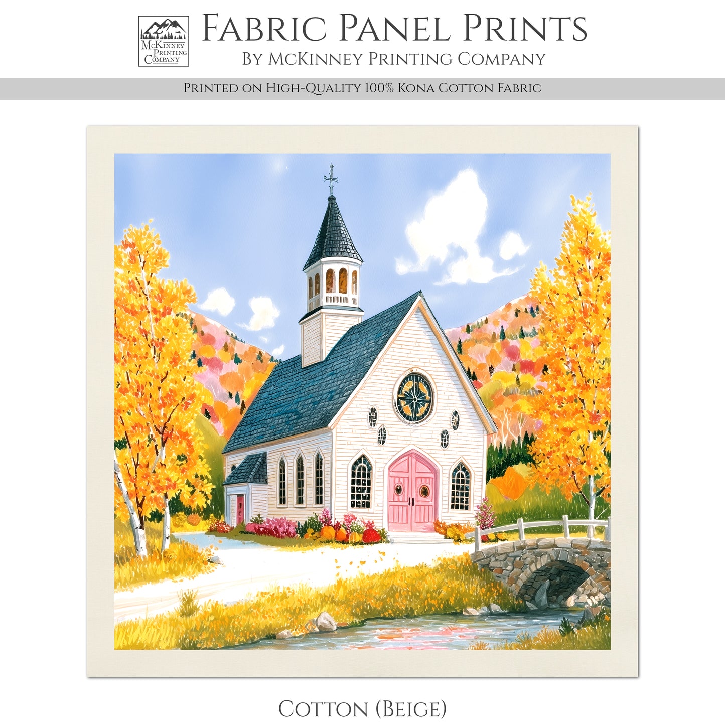 Fall Fabric Panel - New England, Autumn, Church, Christian, Sewing, Block Print, Cotton, Quilting, Quilt, Craft