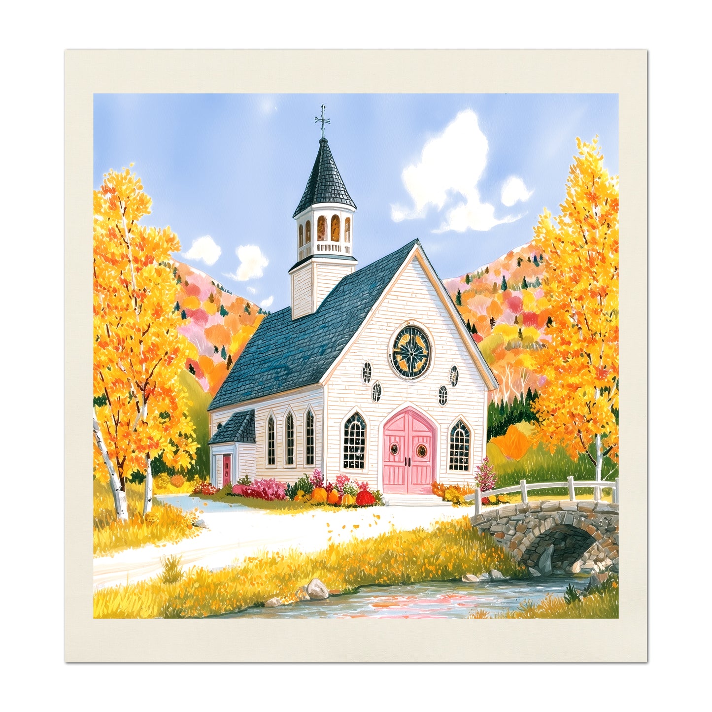 Fall Fabric Panel - New England, Autumn, Church, Christian, Sewing, Block Print, Cotton, Quilting, Quilt, Craft