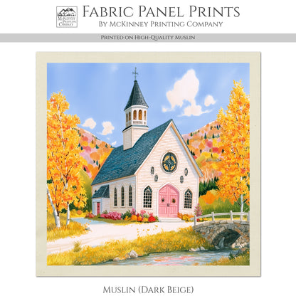 Fall Fabric Panel - New England, Autumn, Church, Christian, Sewing, Block Print, Cotton, Quilting, Quilt, Craft