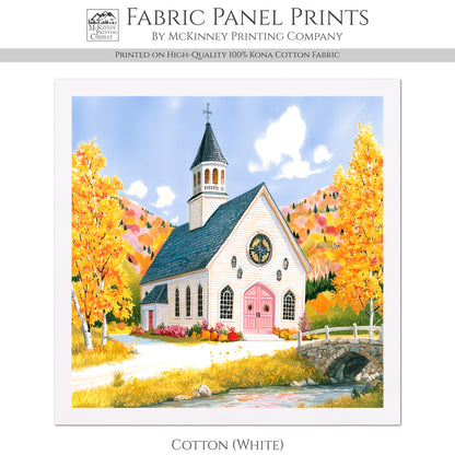 Fall Fabric Panel - New England, Autumn, Church, Christian, Sewing, Block Print, Cotton, Quilting, Quilt, Craft