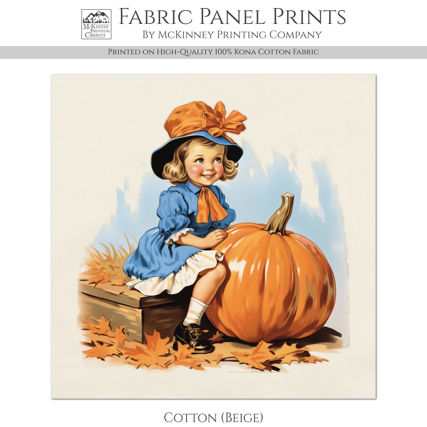 Fall Fabric Panel - Vintage, Craft, Pumpkin, Girl, Large, Block Print Fabric, Cotton, Quilting, Quilt, Sewing