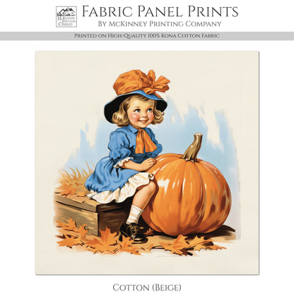 Fall Fabric Panel - Vintage, Craft, Pumpkin, Girl, Large, Block Print Fabric, Cotton, Quilting, Quilt, Sewing