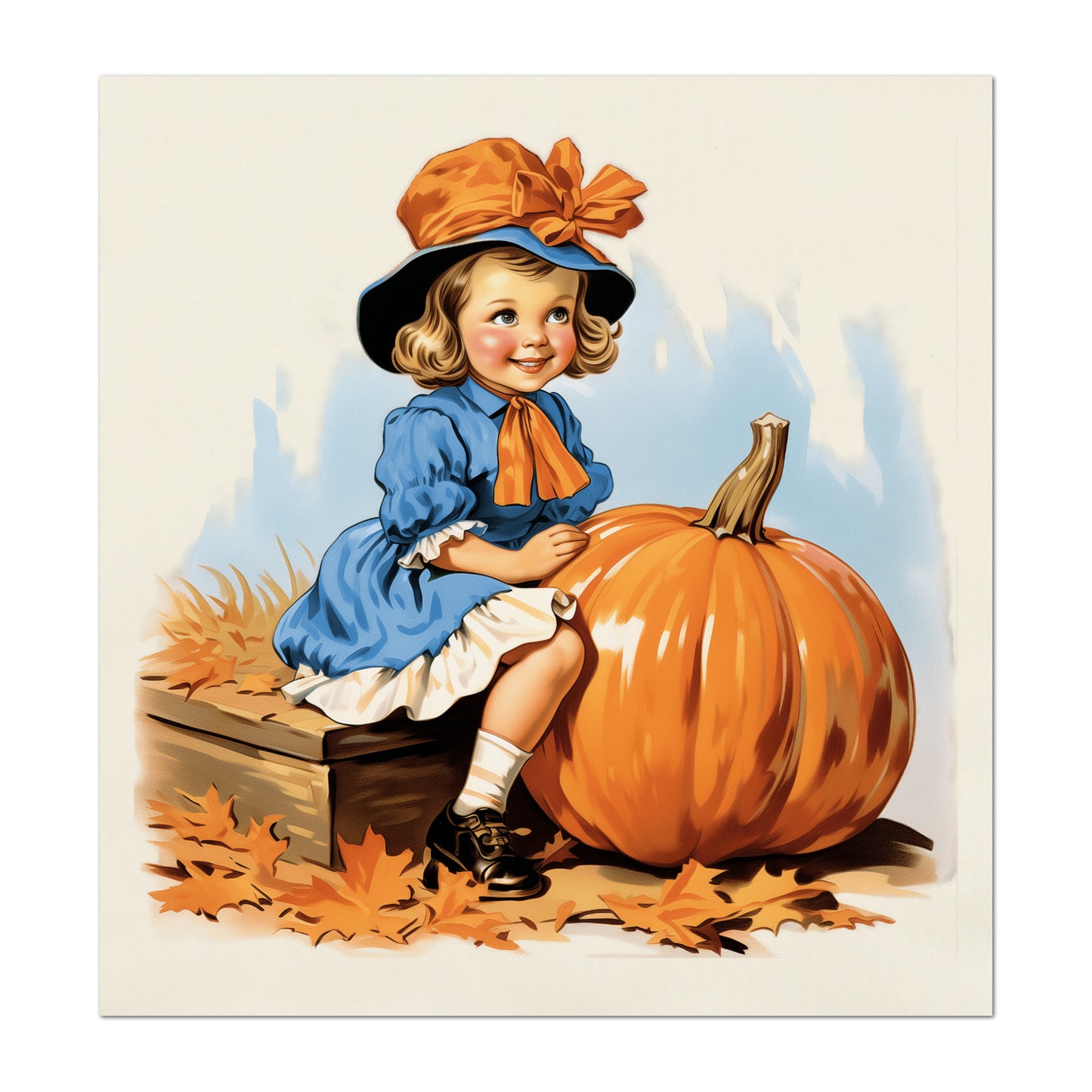 Fall Fabric Panel - Vintage, Craft, Pumpkin, Girl, Large, Block Print Fabric, Cotton, Quilting, Quilt, Sewing