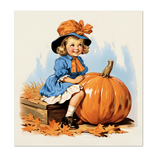 Fall Fabric Panel - Vintage, Craft, Pumpkin, Girl, Large, Block Print Fabric, Cotton, Quilting, Quilt, Sewing
