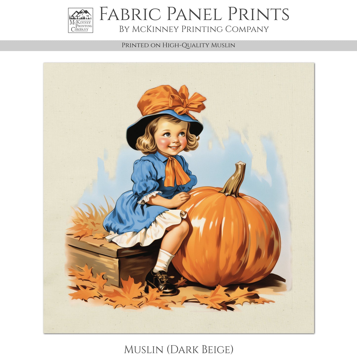 Fall Fabric Panel - Vintage, Craft, Pumpkin, Girl, Large, Block Print Fabric, Cotton, Quilting, Quilt, Sewing