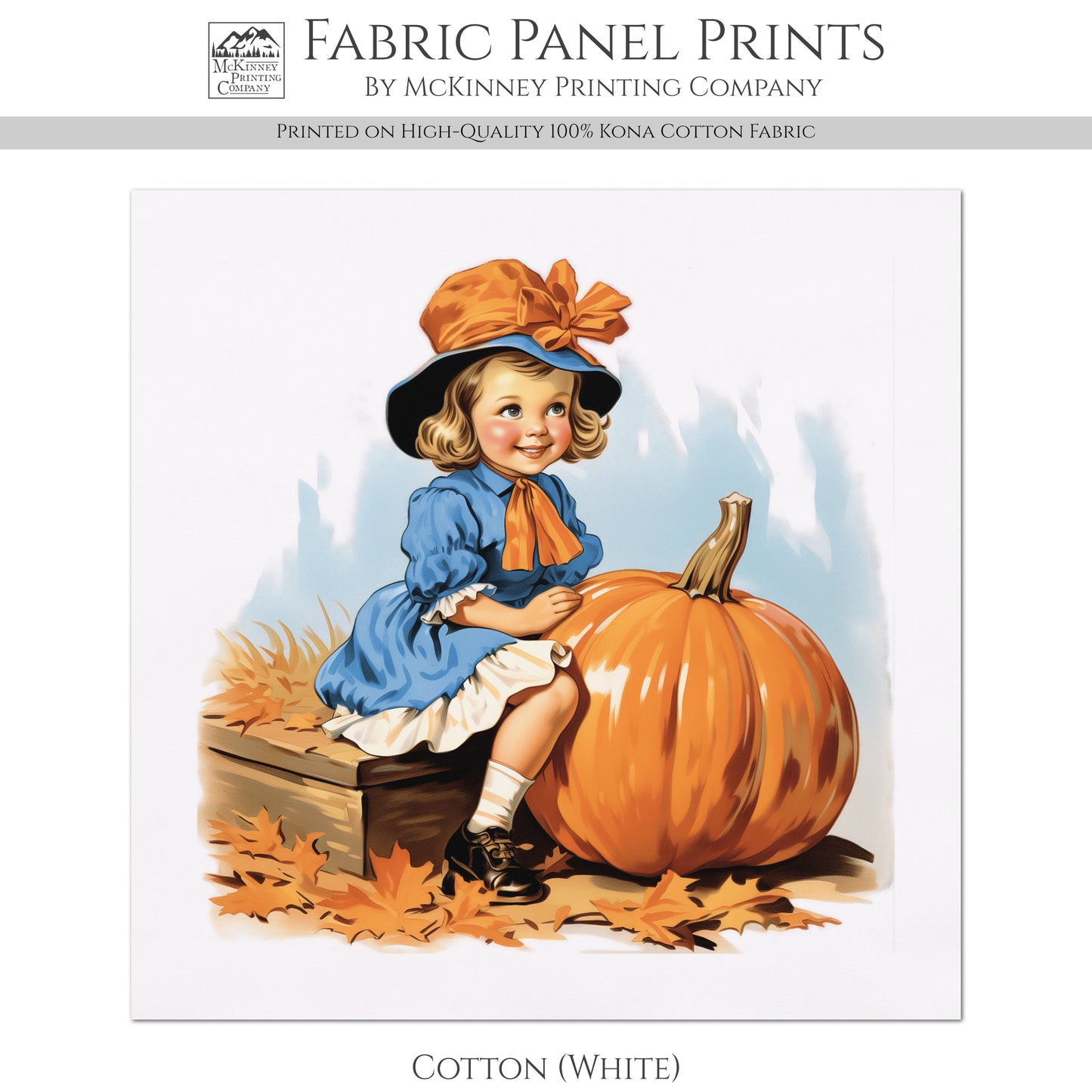 Fall Fabric Panel - Vintage, Craft, Pumpkin, Girl, Large, Block Print Fabric, Cotton, Quilting, Quilt, Sewing