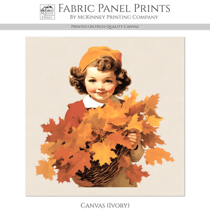 Fall Fabric Panel - Vintage, Sewing, Girl, Norman Rockwell, Style, Block Print, Cotton, Quilting, Quilt