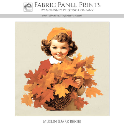 Fall Fabric Panel - Vintage, Sewing, Girl, Norman Rockwell, Style, Block Print, Cotton, Quilting, Quilt