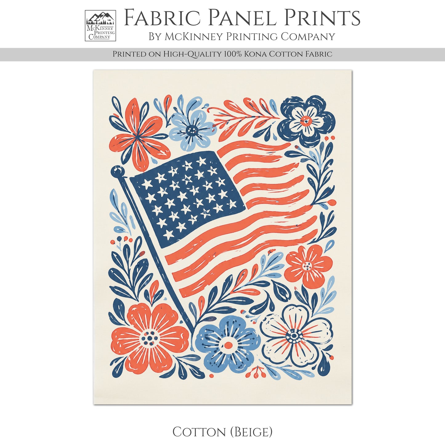 Patriotic Fabric - American Flag, Floral Print, Americana, USA, Red White and Blue, Quilting, Quilt, Cotton, Canvas