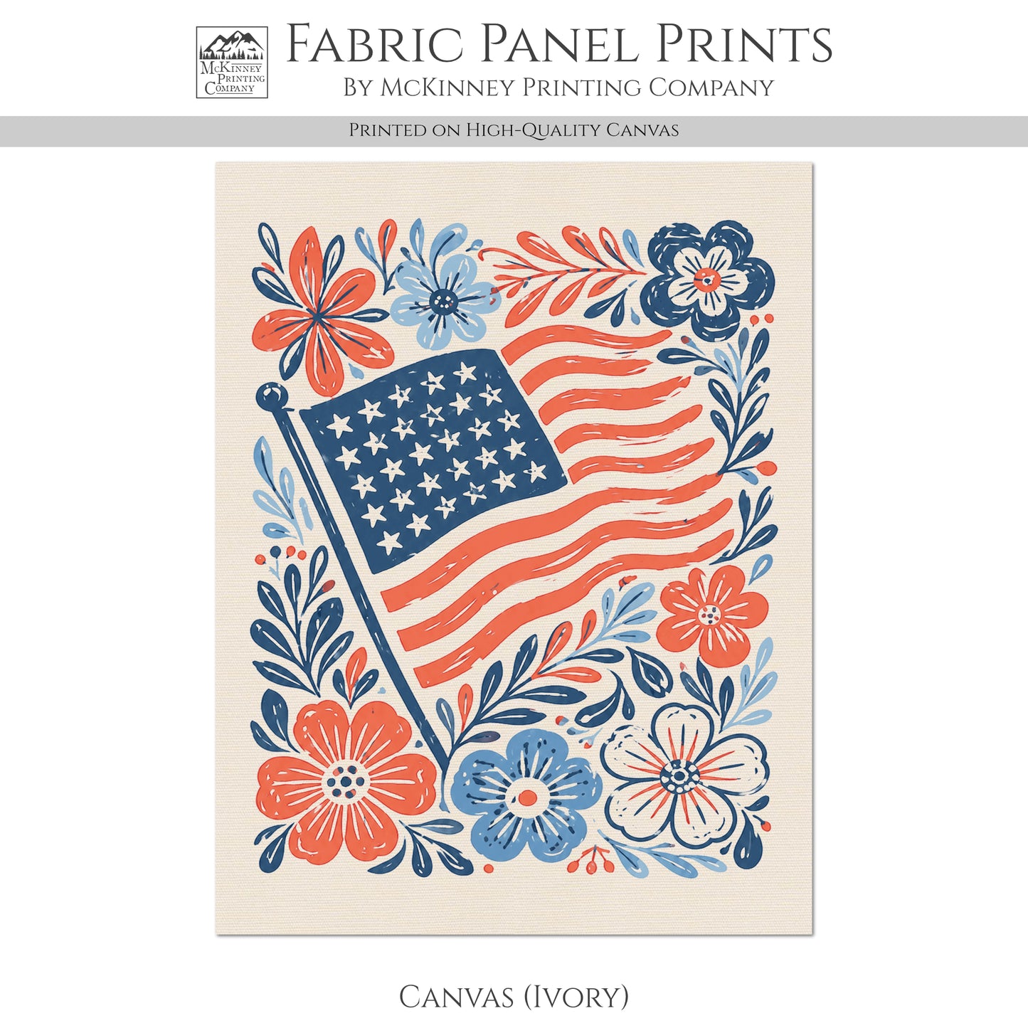 Patriotic Fabric - American Flag, Floral Print, Americana, USA, Red White and Blue, Quilting, Quilt, Cotton, Canvas