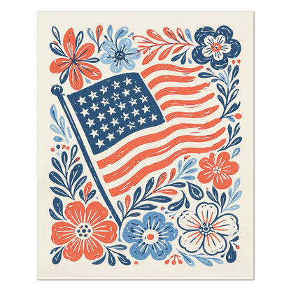 Patriotic Fabric - American Flag, Floral Print, Americana, USA, Red White and Blue, Quilting, Quilt, Cotton, Canvas