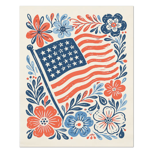 Patriotic Fabric - American Flag, Floral Print, Americana, USA, Red White and Blue, Quilting, Quilt, Cotton, Canvas