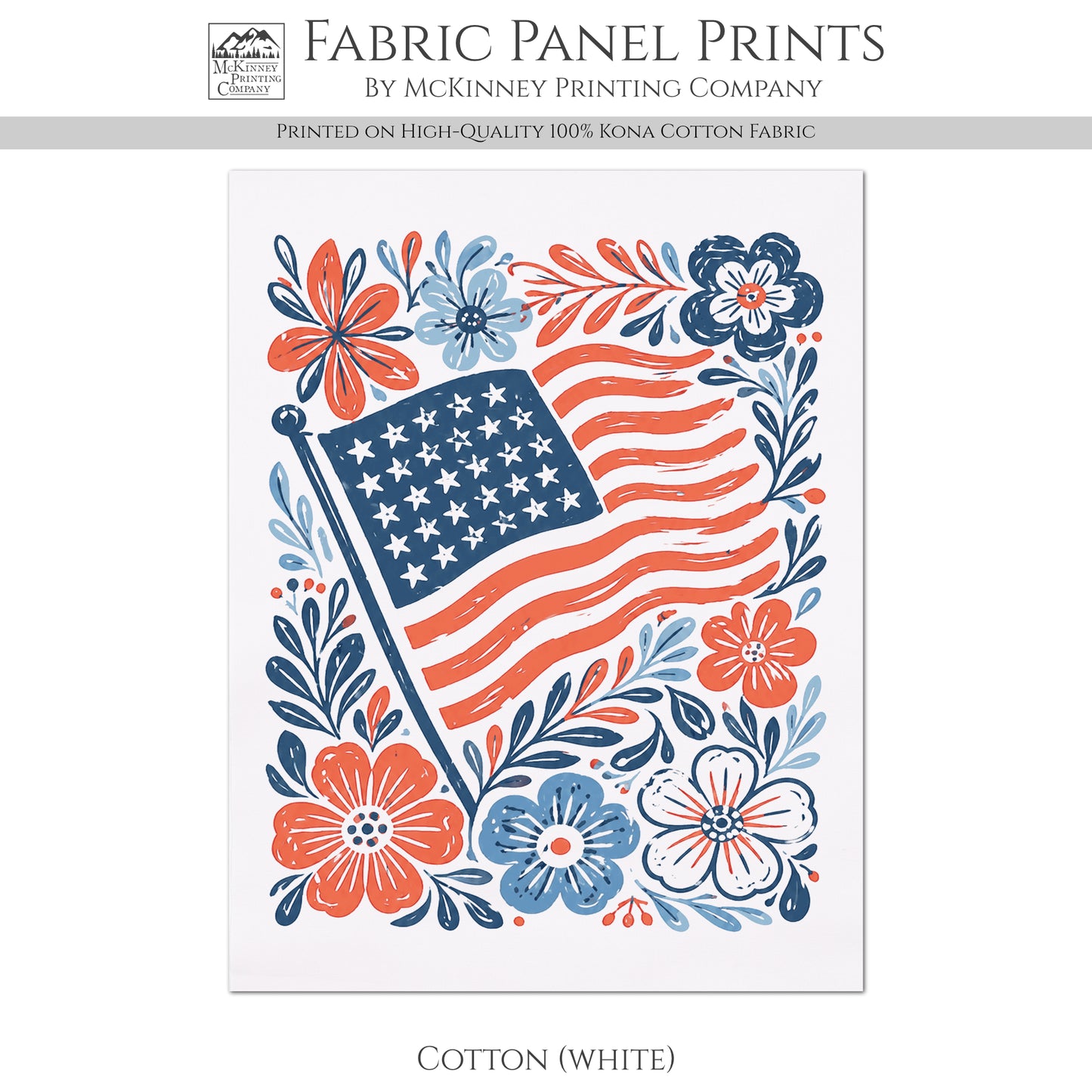 Patriotic Fabric - American Flag, Floral Print, Americana, USA, Red White and Blue, Quilting, Quilt, Cotton, Canvas